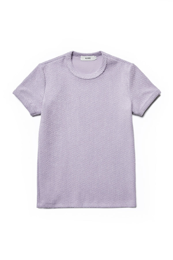 The front of the Exodus Tee Lilac, a classic slim fit ringer t-shirt in thick jersey with a textured loop weave for a brushed finish. This top is an elevated alternative to an everyday tee.