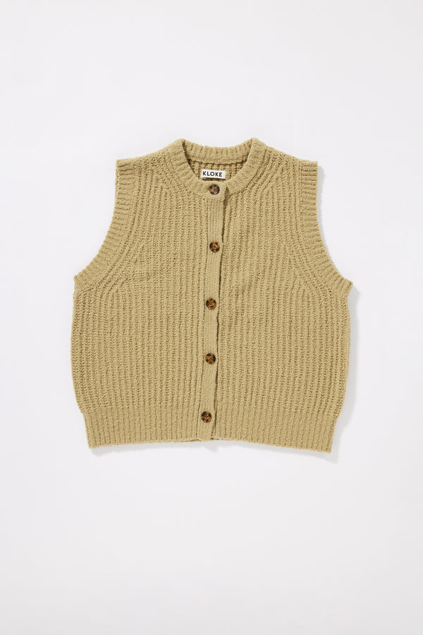 Flat front of the Chartreuse Faint Knit Vest  showing sleeveless silhouette, ribbed hemline and reverse half-cardigan rib knit texture