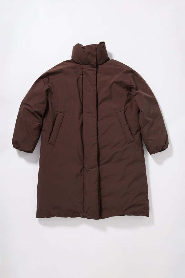Flat front of the Dark Chocolate Brown Floating Puffa Coat closed, showing full-length silhouette, down-filled high collar and centre-front zip with magnetic fastenings