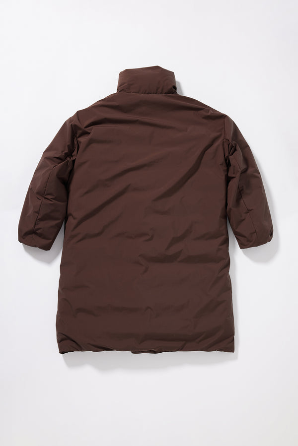 Flat back of the Dark Choclate Brown Floating Puffa Coat closed, showing full-length silhouette and down-filled high collar. 
