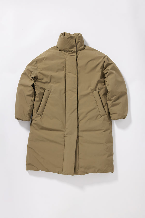Flat front of the Olive Floating Puffa Coat closed, showing full-length silhouette, down-filled high collar and centre-front zip with magnetic fastenings