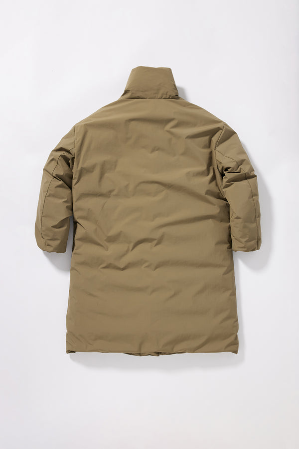 Flat back of the Olive Floating Puffa Coat closed, showing full-length silhouette and down-filled high collar. 
