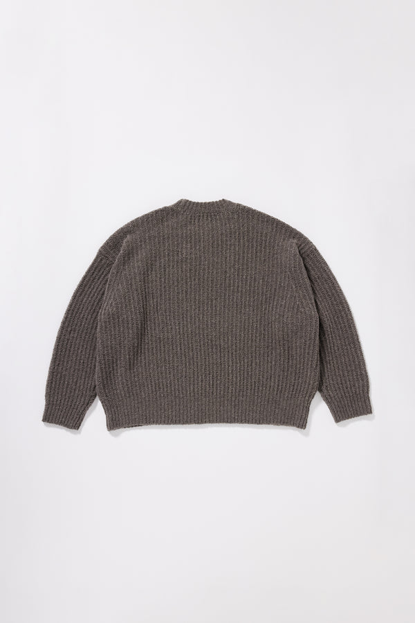 Pale Pewter  Flutter Sweater back view showing chunky reverse half-cardigan rib knit construction, dropped shoulders and relaxed raglan sleeve silhouette