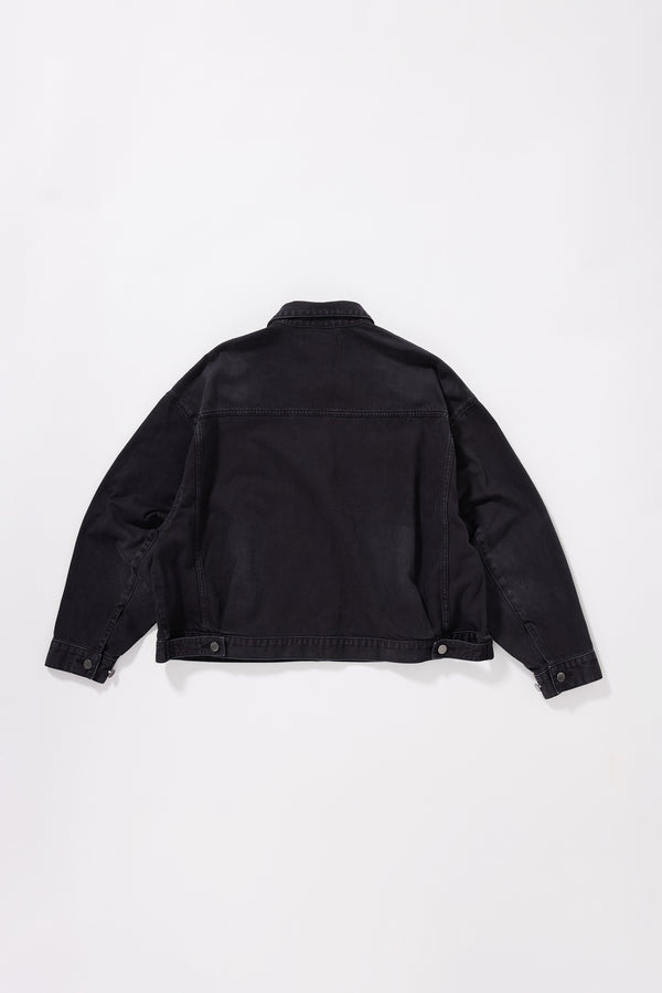 Flat back view of the Halt Denim Jacket in Black fade, highlighting the oversized silhouette. 