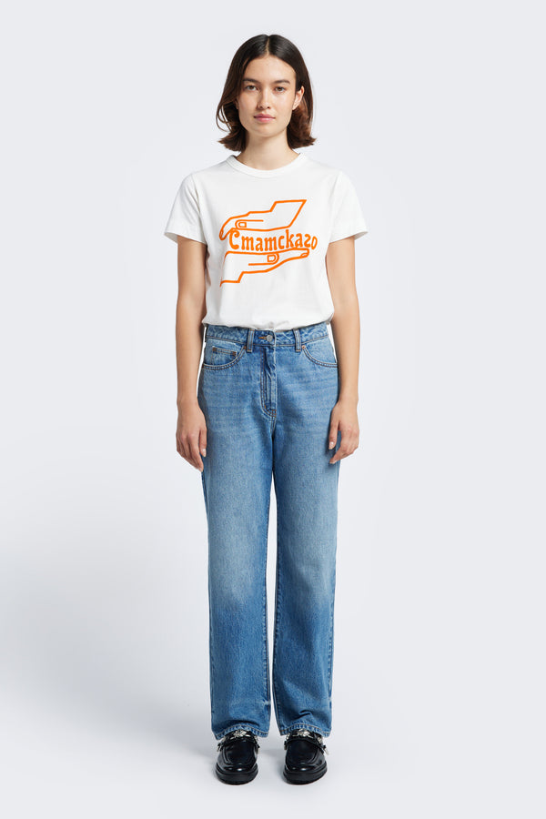 The Women's Healer Print Tee is a classic white tee, made from soft 100% organic cotton jersey featuring the Kloke original Healer Print in orange. 