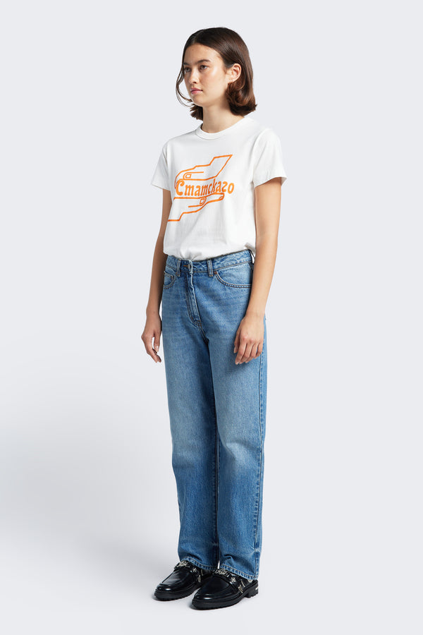 The Women's Healer Print T-shirt features Kloke's original Healer Print in orange. This white tee is cut from 100% organic cotton jersey with straight hem and a 1 x 1 rib bound cover-stitched neckline.