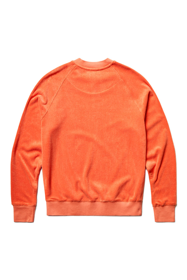 The back of the Hero Towelling Sweater Tangerine Orange, a relaxed sweater inspired by an old-school track-and-field pedigree. Made from plush, 100% cotton Okeo-tex standard 100 micro terry-towelling.