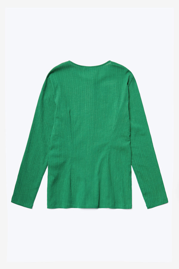 The back of the Hideout Crinkle Top, a slim fit, long sleeve top made from a special crinkle fabric in green. 