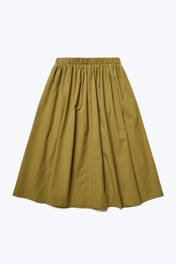 The back of the Interlude Skirt Moss Green, a full gathered skirt with an elasticated waistband. 