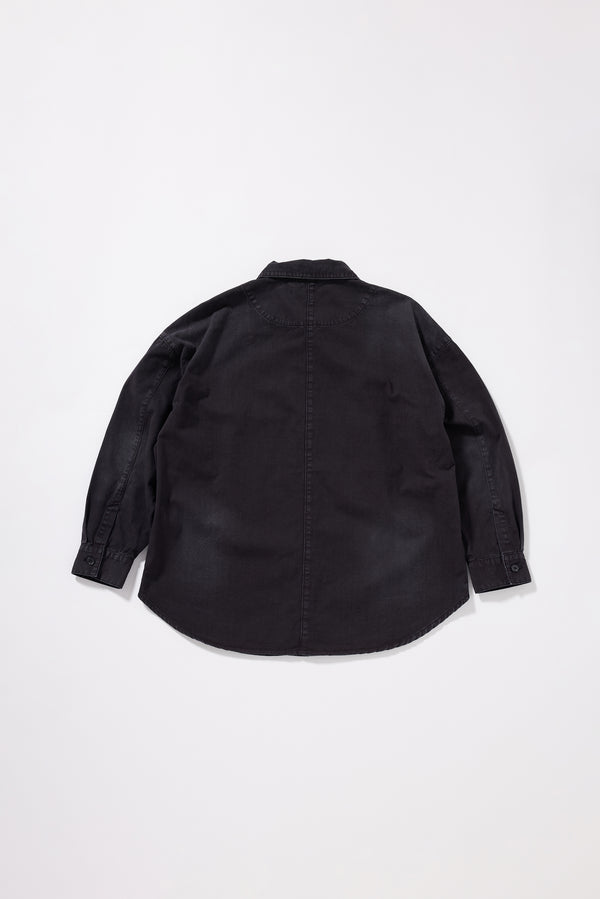 Flat Back view of the Iris Denim Shirt showing the relaxed oversized silhouette and stone-washed denim finish.
