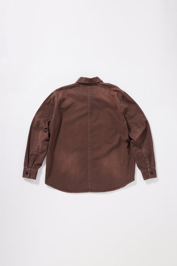 Flat Back view of the Brown Fade Iris Denim Shirt showing the relaxed oversized silhouette and stone-washed denim finish.