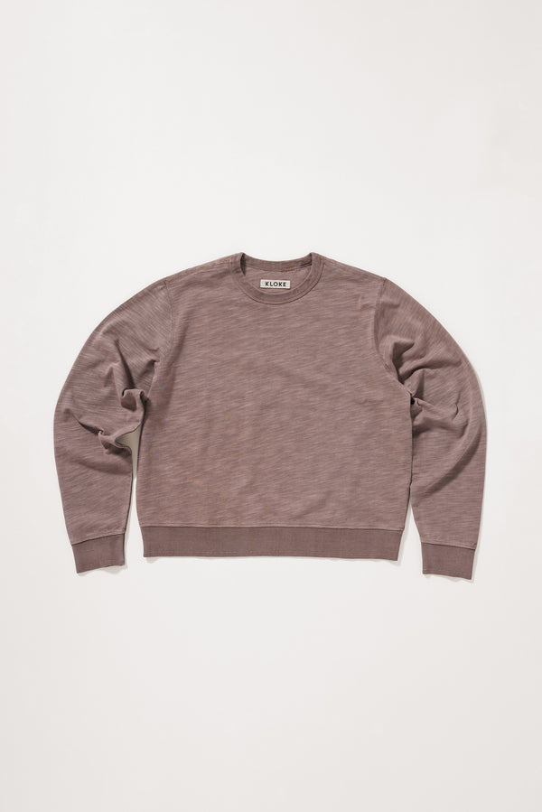 flat front of the brown Luster Long Sleeve Top in pigment-dyed cotton with a relaxed cropped silhouette and dropped sleeves.