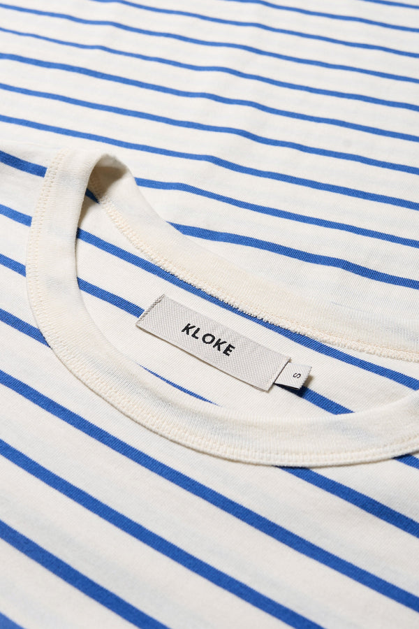 Close up of the blue and white stripe on the Nadir Dress made from pure cotton jersey.