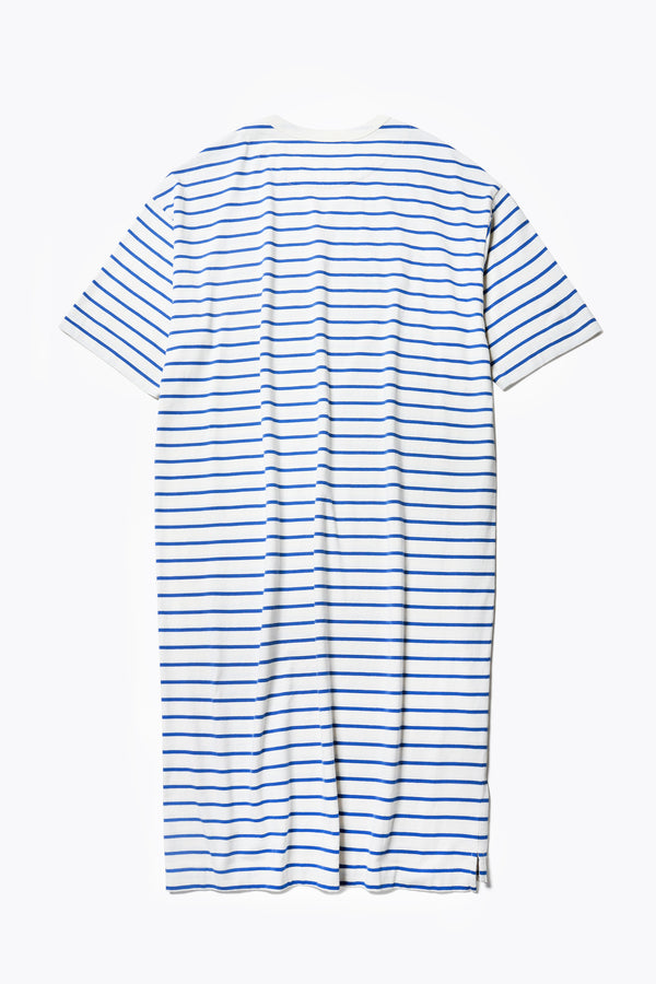 Flat lay of the back of the Nadir Dress Blue Stripe, a summer style made from pure cotton jersey. 