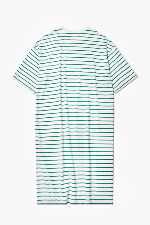 Flat lay of the back of the Nadir Dress Green Stripe, a summer style made from pure cotton jersey. 