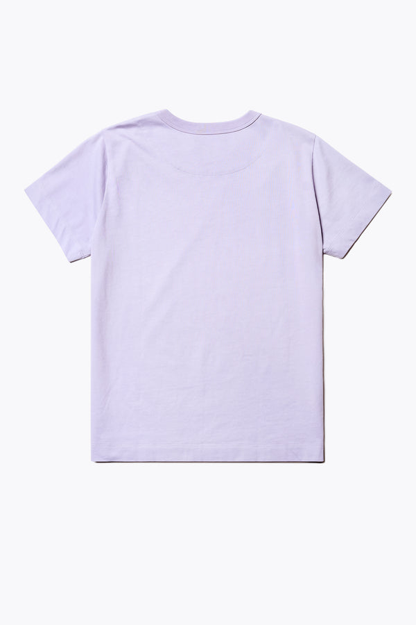 The back of the Oceania Tee Lilac, a classic simple t-shirt cut from premium organic cotton jersey. Available in 5 sizes. 