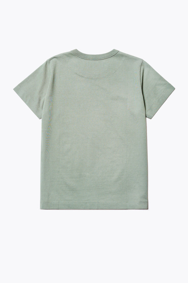 Back of The Oceania Tee, a fitted style t-shirt cut from premium organic cotton jersey in Sage green. Available in five sizes. 