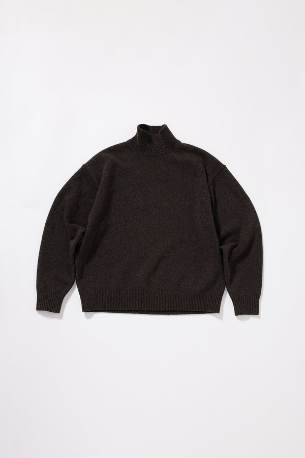 Opal Mock Neck Sweater in Coffee, front view showing 1x1 rib high neckline, relaxed shorter silhouette and dense extrafine Merino knit