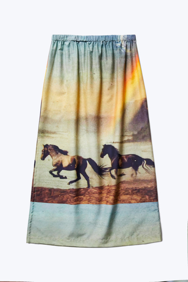 Flat lay of the back of the Outpost Skirt Cosmic Brumbies Print, a mid-length, straight style skirt with elasticated waistband. 