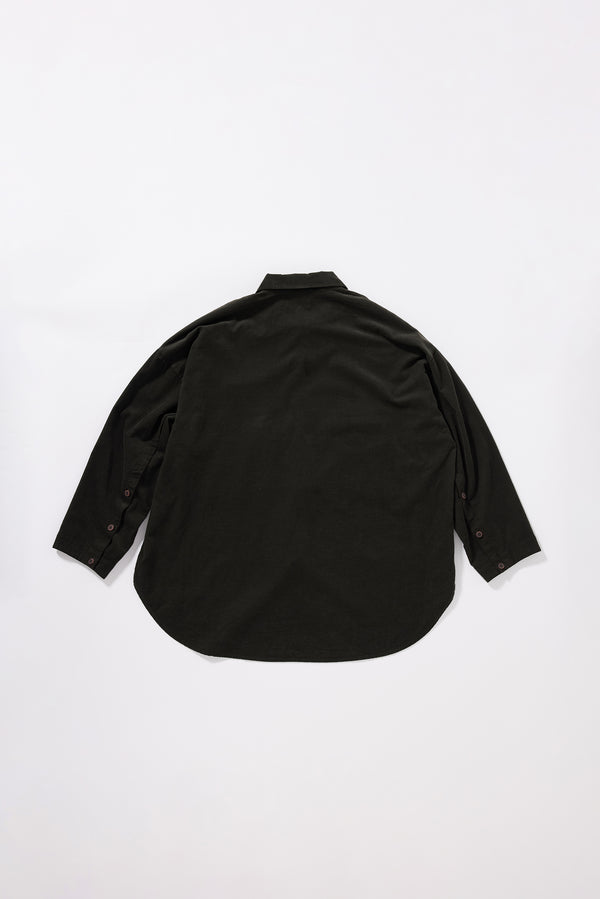 Flat back of the brown Cord shirt, showcasing dropped shoulders and three button sleeve detailing 