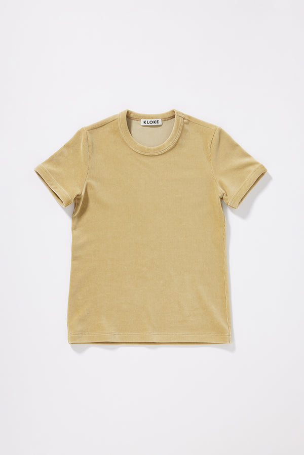 Flat front of the Saffron Tee in Yellow, slim-fit vintage-inspired ringer tee in Japanese stretch corduroy