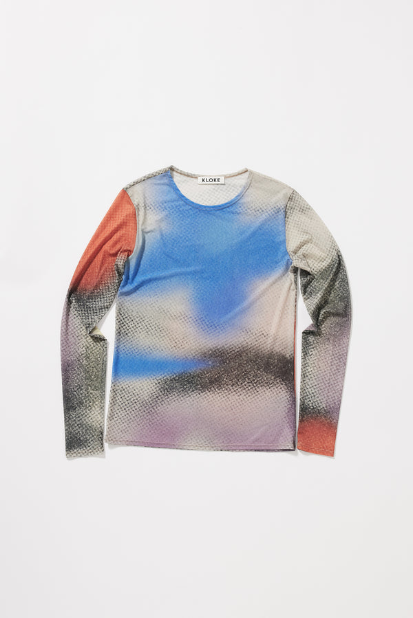Flat front of the Vapour top aSlim-fit long-sleeve mesh top in Kloke's Aion Print with a semi-sheer stretch finish.