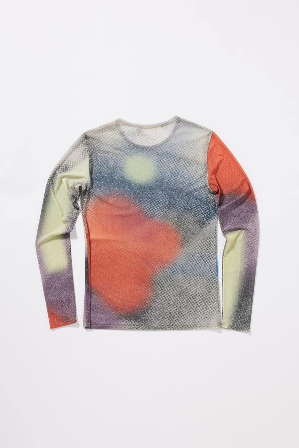 Flat back of the Vapour top aSlim-fit long-sleeve mesh top in Kloke's Aion Print with a semi-sheer stretch finish.