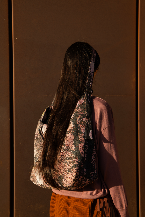 Kloke jacquard tote bag in tree camouflage print with dual handle lengths and external pockets