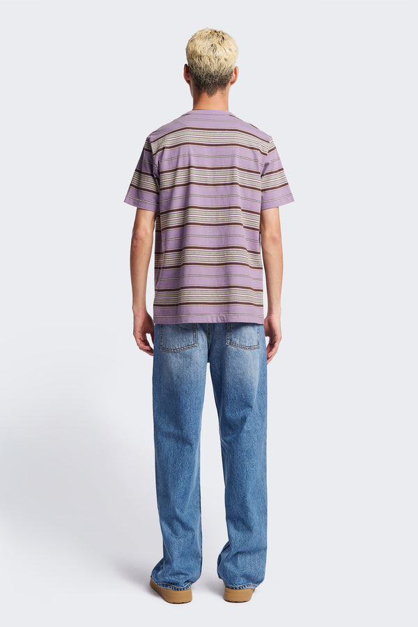 Back of The Attain T-Shirt in purple, a classic fit t-shirt in ticking stripe cotton jersey, featuring a rib-bound cover-stitched neckline and reinforced back. Available in 5 sizes. 