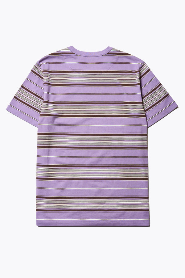 Back of The Attain T-Shirt in purple, a classic fit t-shirt in ticking stripe cotton jersey, featuring a rib-bound cover-stitched neckline and reinforced back. Available in 5 sizes. 