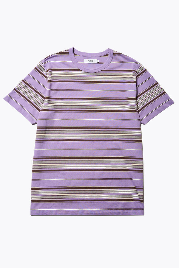 The Attain T-Shirt in purple, a classic fit t-shirt in ticking stripe cotton jersey, featuring a rib-bound cover-stitched neckline and reinforced back. Available in 5 sizes. 