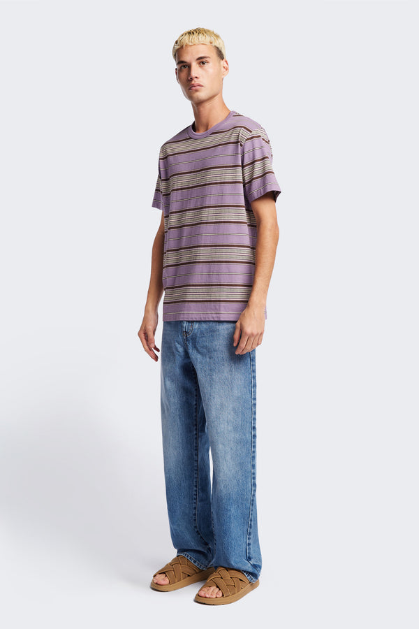 The Attain T-Shirt in purple, a classic fit t-shirt in ticking stripe cotton jersey, featuring a rib-bound cover-stitched neckline and reinforced back. Available in 5 sizes. 