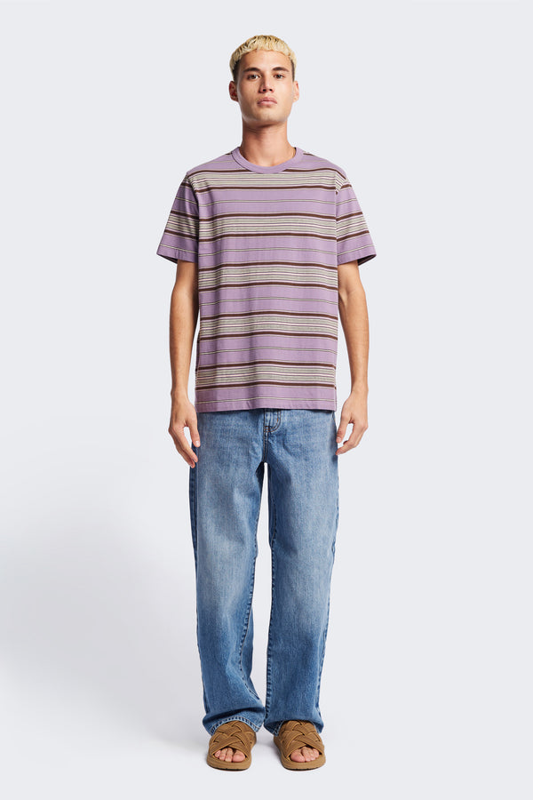 The Attain T-Shirt in purple, a classic fit t-shirt in ticking stripe cotton jersey, featuring a rib-bound cover-stitched neckline and reinforced back. Available in 5 sizes. 