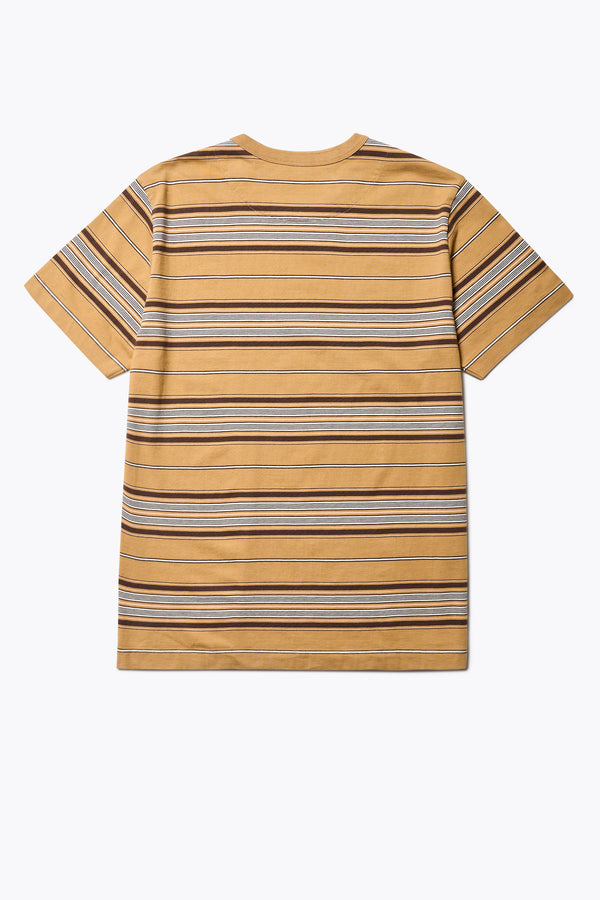 Back of The Attain T-Shirt in tan, a classic fit t-shirt in ticking stripe cotton jersey, featuring a rib-bound cover-stitched neckline and reinforced back. Available in 5 sizes. 