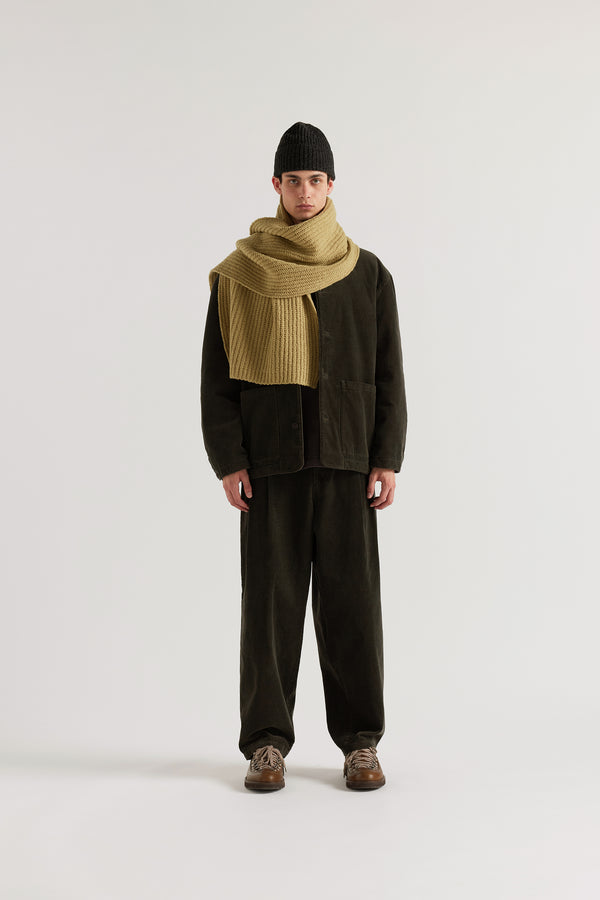Men - Charcoal Fading Beanie worn on model, showing contemporary shape and ribbed half-cardigan knit construction in RWS certified Merino
