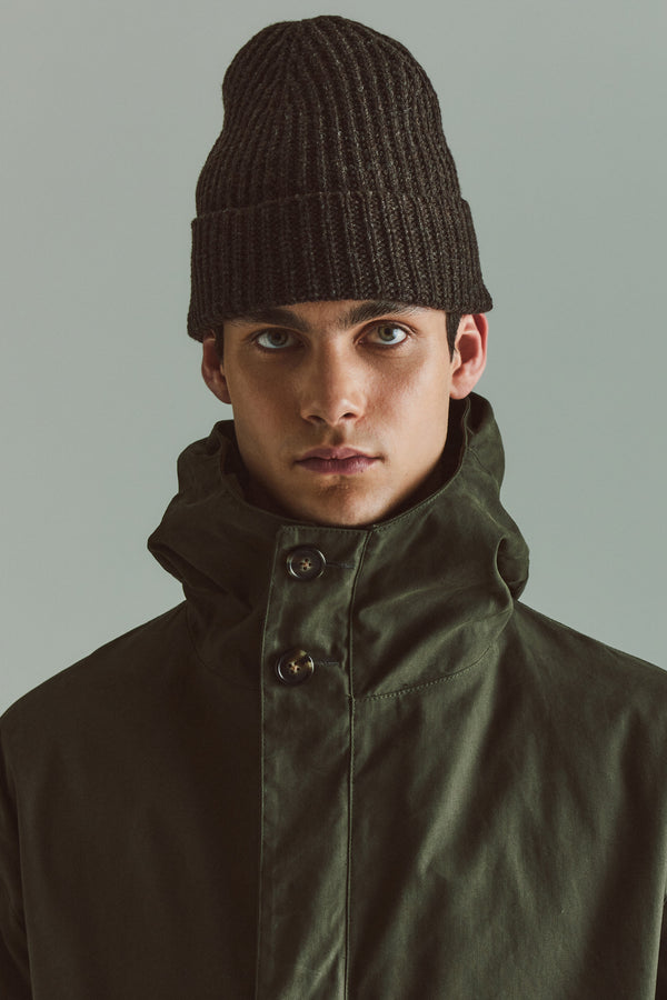 Men - Coffee Fading Beanie worn on model, showing contemporary shape and ribbed half-cardigan knit construction in RWS certified Merino