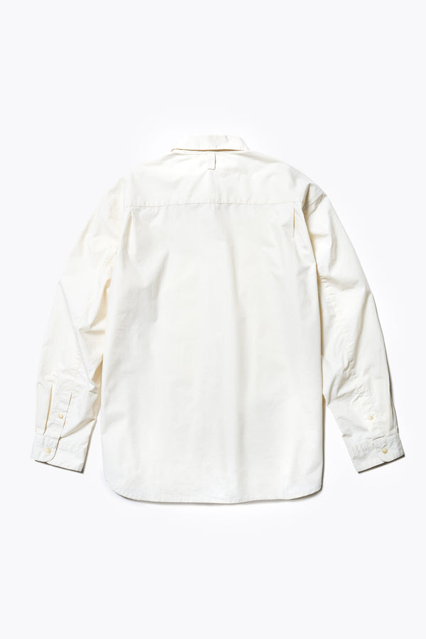 Flat back of the Iberia Long Sleeve Shirt in Ecru, featuring a built-in collar, semi-concealed placket, and a curved hem. Available in XS, S, M, L, XL 