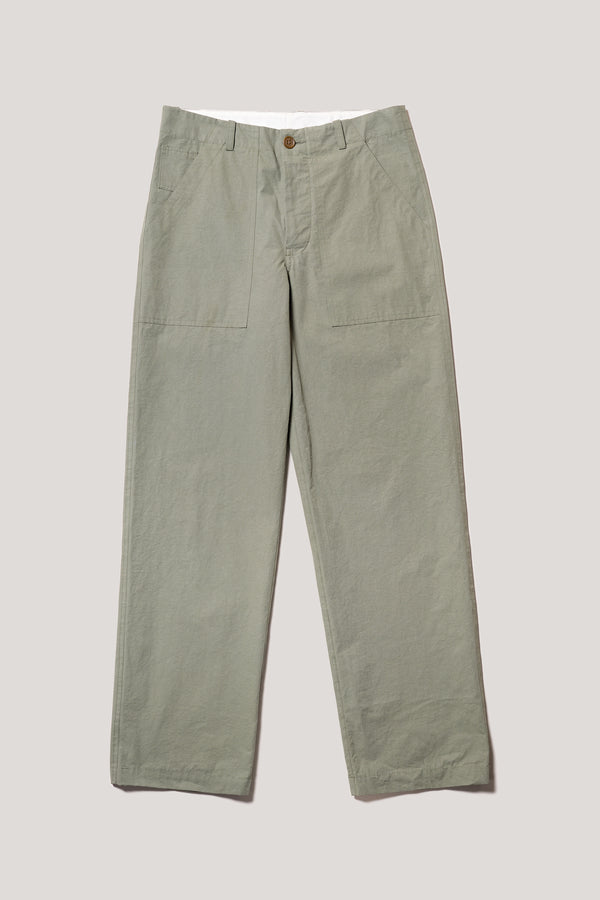 Flat front of the Olive Lenz Pant with straight-leg silhouette, front patch pockets and twin-needle topstitch detail.