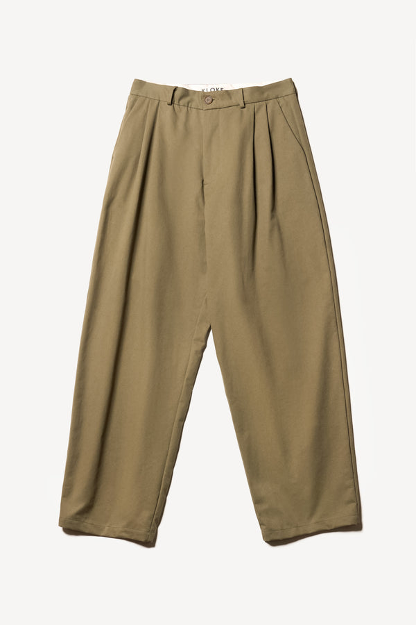 Flat front shot of the logic pleat pant in Olive, A relaxed cotton trouser with pleated front and tapered leg