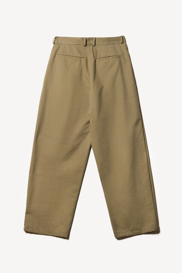 Flat back shot of the logic pleat pant in Olive, A relaxed cotton trouser with pleated front and tapered leg
