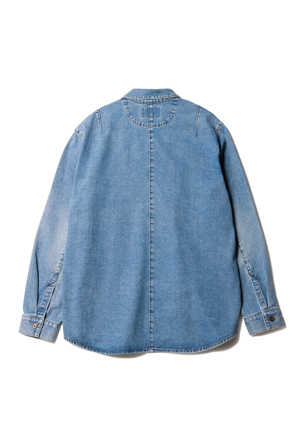 Flat back view of the mascot regular fit denim shirt in mid-blue, featuring utility chest pockets.
