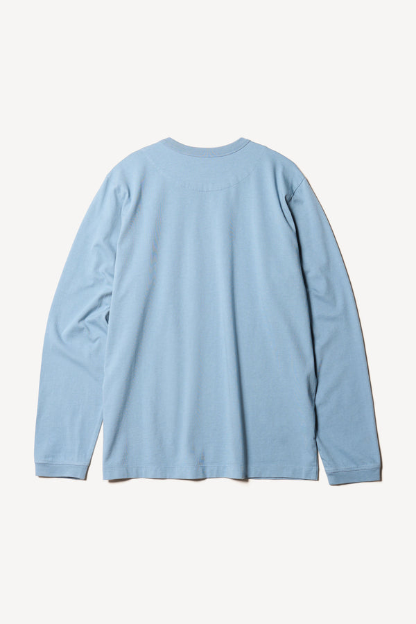 Flat back of The Offline T-shirt long sleeve crafted in soft, durable 100% organic cotton in Blue. Available in 5 sizes. 