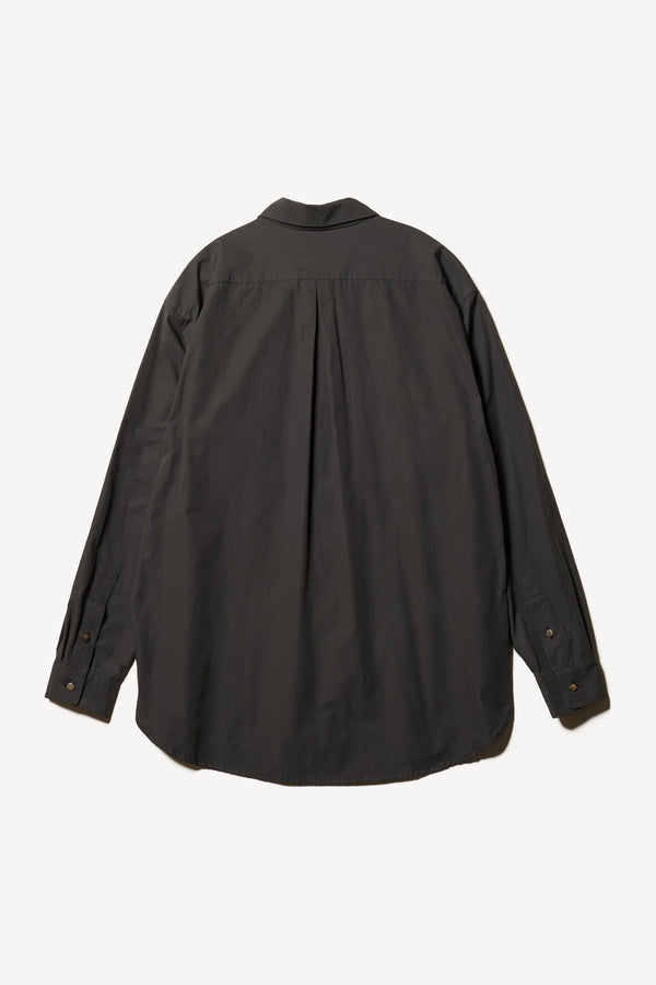 Flat back of the Offset Shirt in a black heavyweight cotton, featuring a relaxed fit and utility chest pockets.