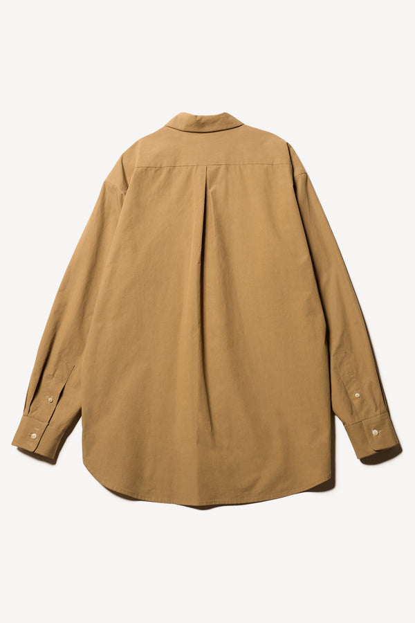 Flat Back of the Offset Shirt in a dusty olive heavyweight cotton, featuring a relaxed fit and utility chest pockets.