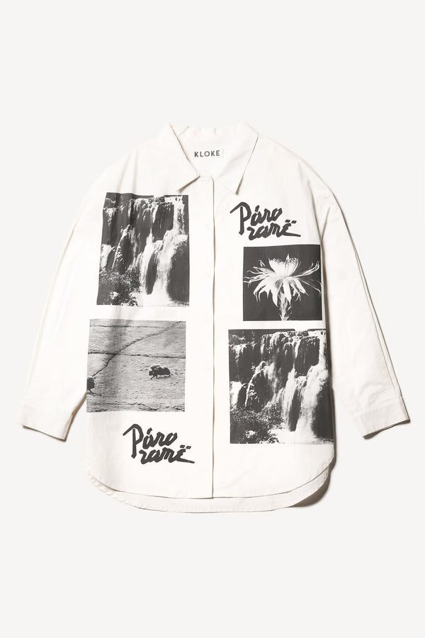 Flat Front of black-and-white vintage photo print featuring waterfall and buffalo with “panorame” text on off-white cotton fabric.