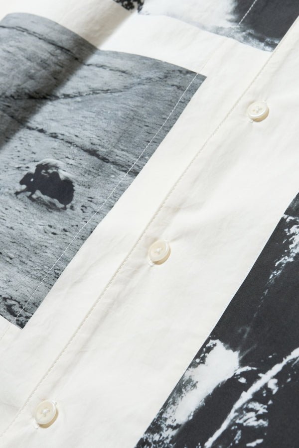 Close-up of black-and-white vintage photo print featuring waterfall and buffalo with “panorame” text on off-white cotton fabric.
