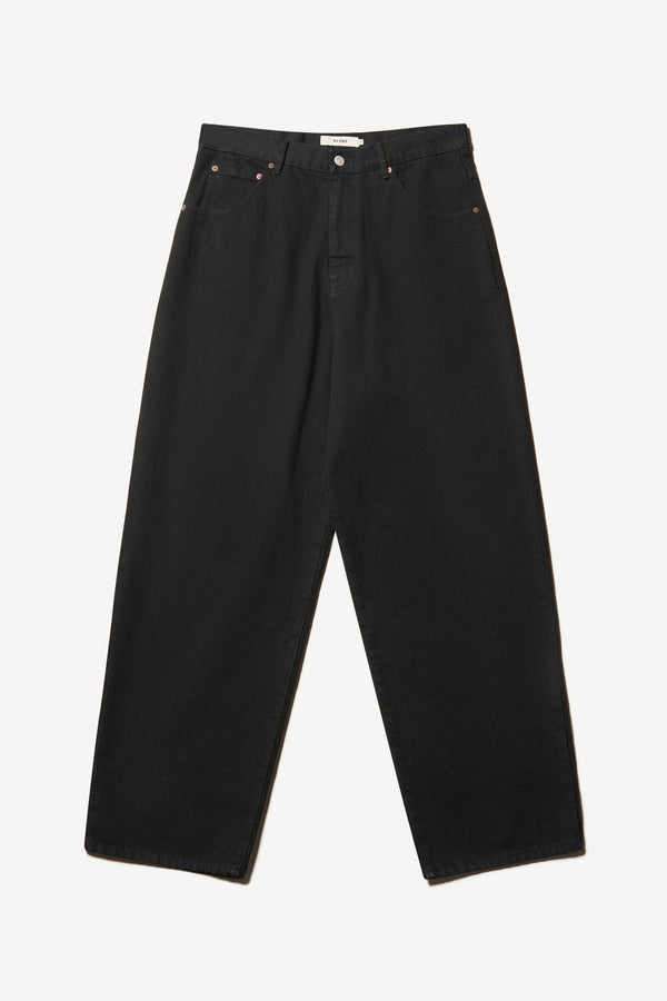 Flat front of the renew jean, a relaxed loose-fit straight style in premium Japanese denim, shown in black with five-pocket design and custom branded hardware.
