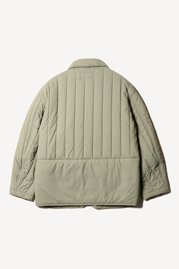 Flat back shot of the response quilted military field jacket with structured collar and concealed zip in dusty olive green