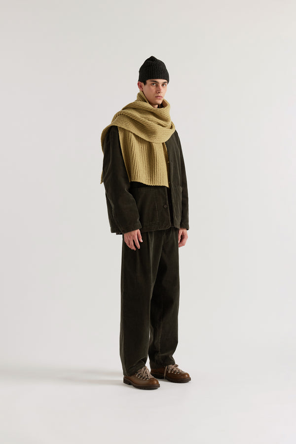 Men - Chartreuse Within Scarf draped loosely on model showing generous extra-long extra-wide proportions and reverse cardigan knit construction in RWS Merino
