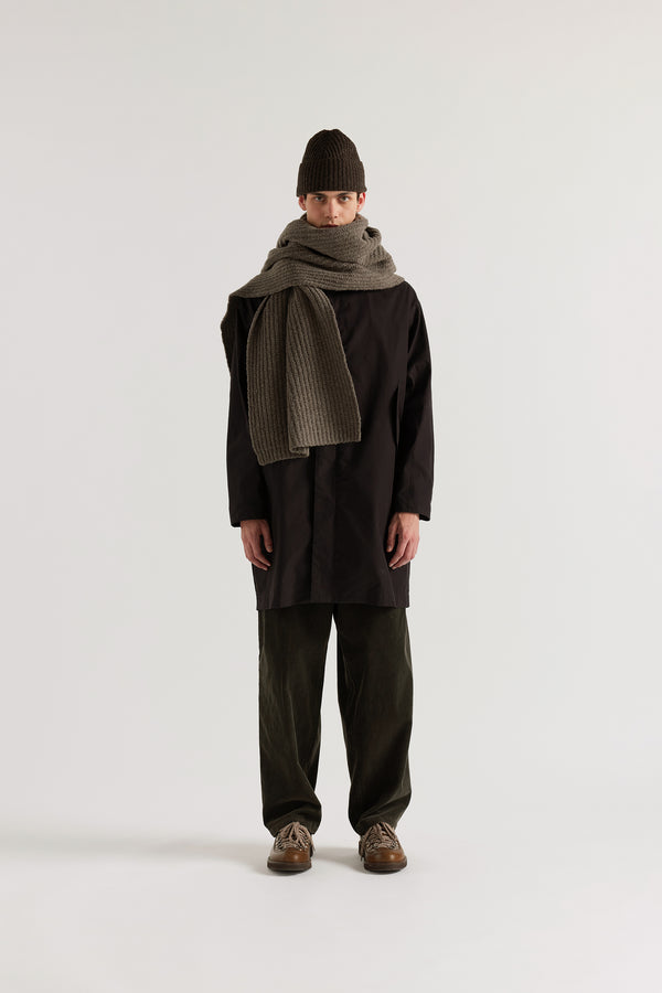 Men - Pewter Within Scarf draped loosely on model showing generous extra-long extra-wide proportions and reverse cardigan knit construction in RWS Merino
